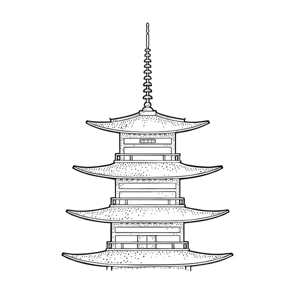 Japonya'nın geleneksel Asya pagoda Tapınağı. Vintage siyah vektör oyma — Stok Vektör