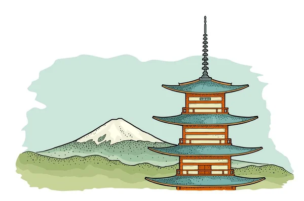 Montaña Fuji en Japón. Ilustración de grabado de vector de color vintage — Vector de stock