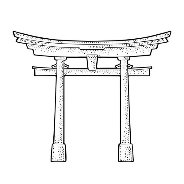 Tradicional japonês torii portão no Japão. Vintage gravura vetor preto — Vetor de Stock
