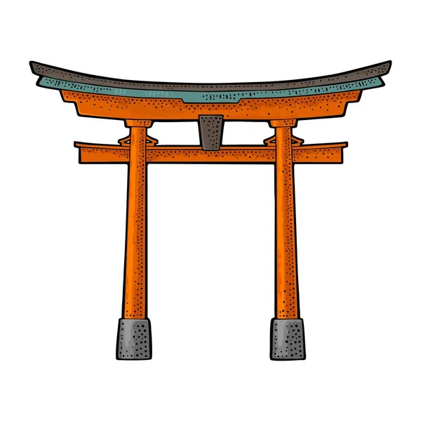 Porte torii japonaise traditionnelle au Japon. Gravure vectorielle noire vintage — Image vectorielle