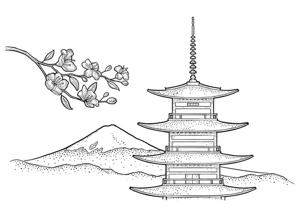 Montagna Fuji in Giappone. Illustrazione di incisione vettoriale nero vintage — Vettoriale Stock