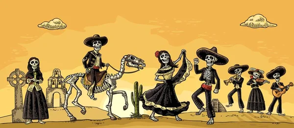 Skelet Mexicaanse kostuums dansen en spelen de gitaar, viool, trompet. — Stockvector