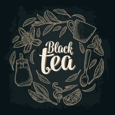 Siyah çay yazı ile ayarlayın. Vektör vintage oyma