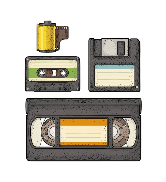 Állítsa be az objektum retro technológia. Vintage vektor fekete gravírozás illusztráció — Stock Vector