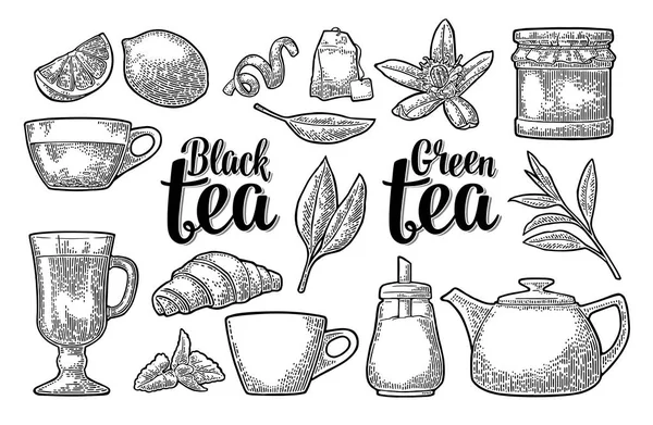 Set thé avec lettrage. Gravure vectorielle vintage — Image vectorielle