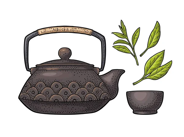 Traditioneller asiatischer Wasserkocher mit Muster und Tasse. Vektor Vintage Gravur — Stockvektor