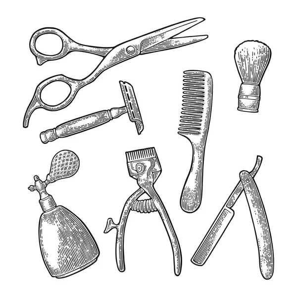 Set Werkzeug für den Friseur. Vektor Vintage Gravur schwarz — Stockvektor
