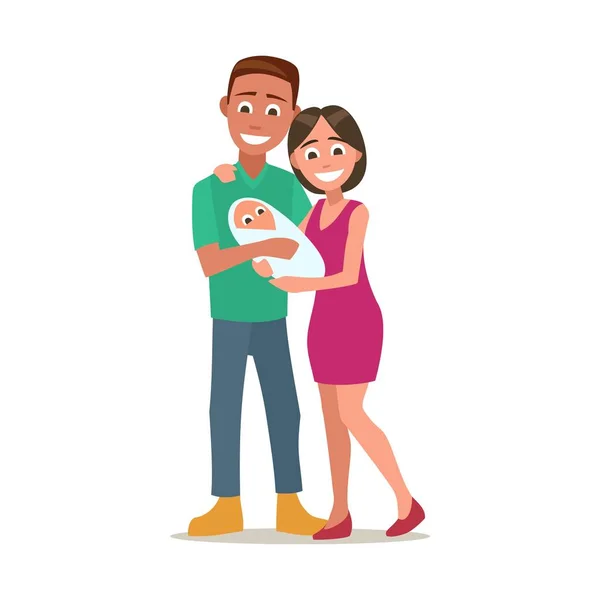 Glückliche junge Eltern mit neugeborenem Baby. Farbe flache Vektor Illustration — Stockvektor