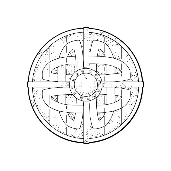 Деревянный круглый щит с рунами викингов. Винтажная векторная чёрная гравировка — стоковый вектор