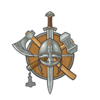 Kenarlı ayarla viking silah. Bıçak, balta, kılıç, çekiç. Vintage oyma