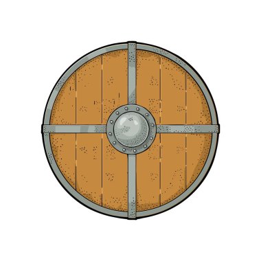 Ahşap yuvarlak kalkan. Vintage vektör renk oyma