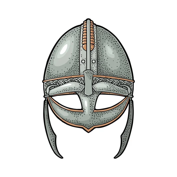 バイキング中世のヘルメット。ビンテージ カラー イラストを彫刻. — ストックベクタ