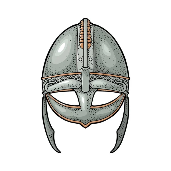 Capacete medieval viking. Gravura ilustração cor vintage . —  Vetores de Stock