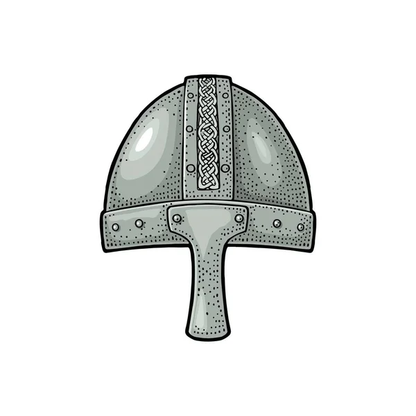 Wikingerhelm aus dem Mittelalter. Gravieren vintage Farbe Illustration. — Stockvektor