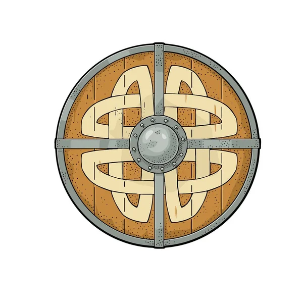 Escudo redondo de madera con runas vikingas. Vintage vector de color grabado — Archivo Imágenes Vectoriales