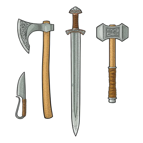 Stel scherpe wapens van viking. Mes, bijl, zwaard, hamer. Vintage gravure — Stockvector