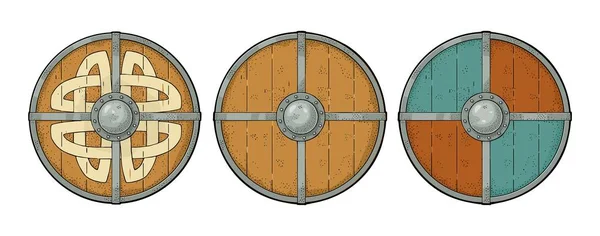 Conjunto de escudos redondos de madera con runas vikingas, borde de hierro. Grabado — Archivo Imágenes Vectoriales