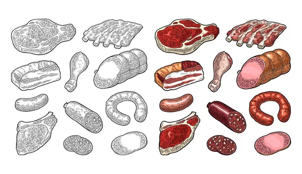 肉製品を設定します。ビンテージ黒ベクトル彫刻イラスト。私 — ストックベクタ