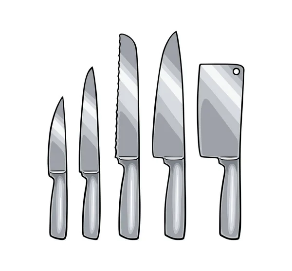 Set coltelli da cucina e tritacarne manuale. Incisione vettoriale — Vettoriale Stock