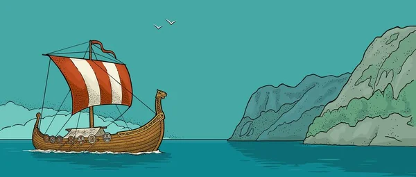 Drakkar flottant sur le fjord en Norvège. Gravure couleur vintage — Image vectorielle