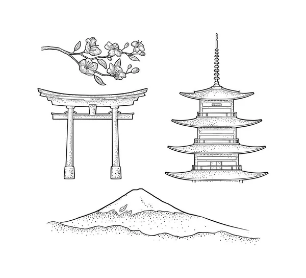 Montaña Fuji en Japón. Vintage vector negro grabado ilustración — Vector de stock
