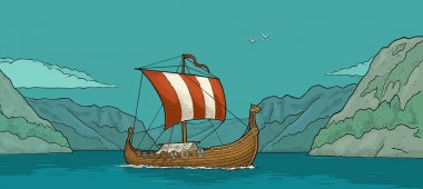 Drakkar Norveç 'te fiyortta yüzüyor. Vintage renk oyması