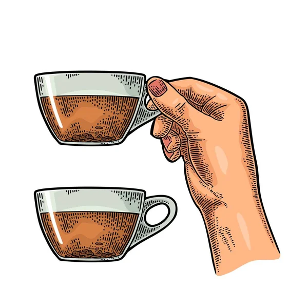 Mano femenina sosteniendo una taza de té. Vintage vector de color grabado — Archivo Imágenes Vectoriales