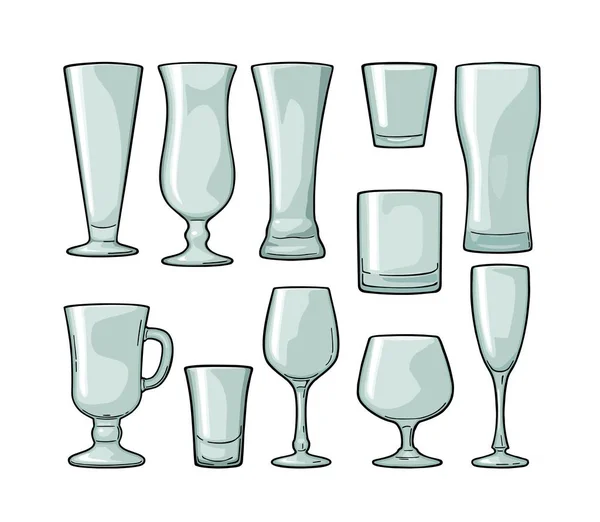 Set bière en verre vide, whisky, vin, gin, rhum, tequila, champagne, cocktail — Image vectorielle