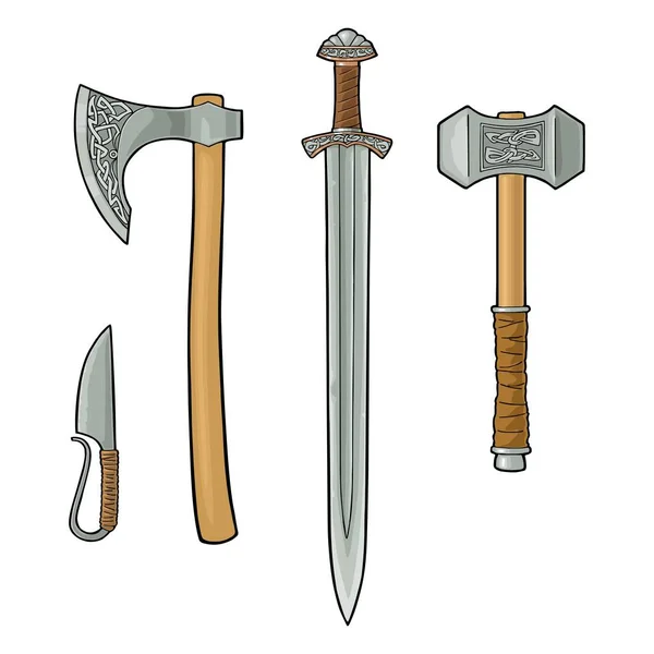 Встановити крайову зброю вікінгів. Ніж, сокира, меч, молоток. Урожай гравірування — стоковий вектор
