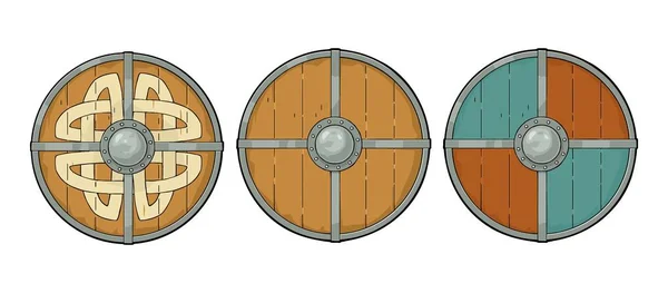 Conjunto de escudos redondos de madera con runas vikingas, borde de hierro. Grabado — Archivo Imágenes Vectoriales