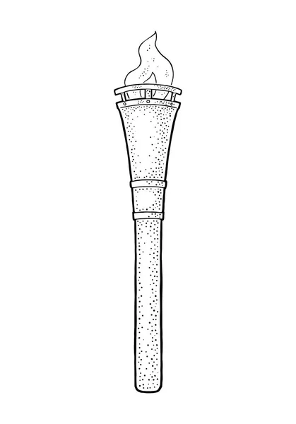Горящий факел с огненным пламенем. Винтажная векторная гравировка — стоковый вектор