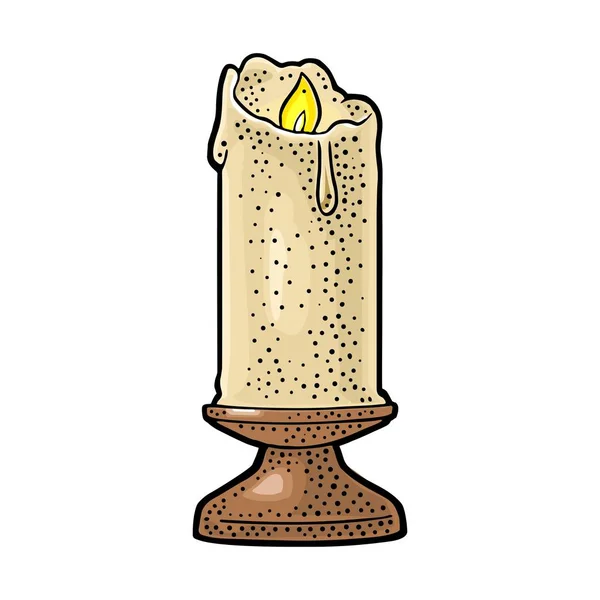 Hořící svíčka s držákem a oheň plamen. Vintage vektorové gravírování — Stockový vektor