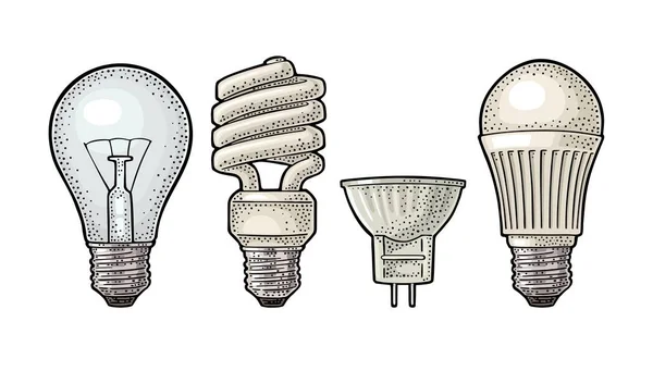 Tipo de evolución lámpara eléctrica. Bombilla incandescente, halógena, cfl y led . — Vector de stock