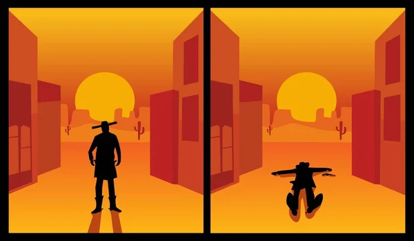 Wild west gunslinger. Background the city and desert. Color flat — Stock Vector