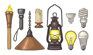 Aydınlatma nesne ayarla. Meşale, mum, el feneri, farklı elektrik lambaları