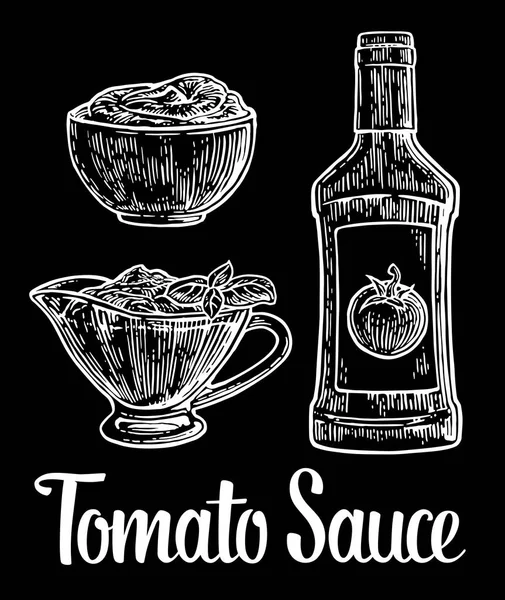 Botol kecap, saus tomat di piring. Ilustrasi gambar vektor vintage - Stok Vektor