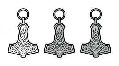 Vking hammer thor amulet with runes. Vintage vector color engraving clipart