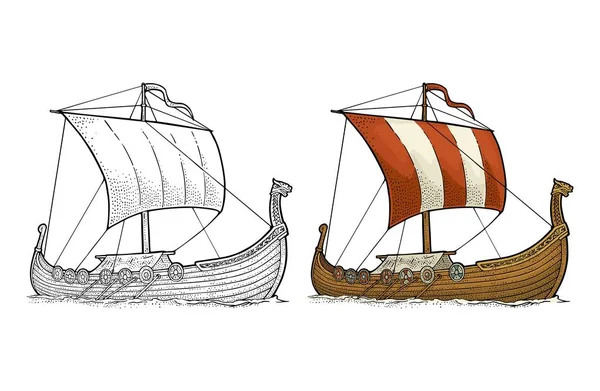 Драккар плывет по морским волнам. Винтажная гравировка — стоковый вектор