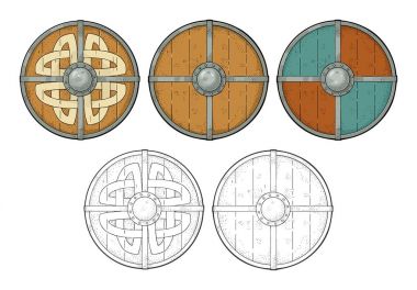 Viking runes, demir sınır ile ahşap yuvarlak kalkanları ayarla. Oyma
