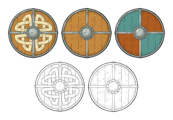 Установите круглые деревянные щиты с рунами викингов, железную границу. Гравировка — стоковый вектор