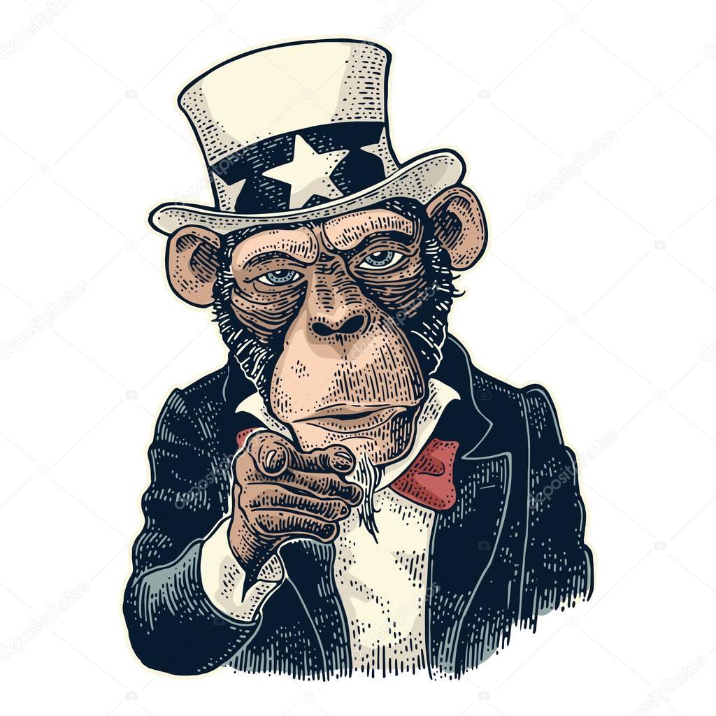 Monkey Uncle Sam with pointing finger at viewer. Vintage engraving
