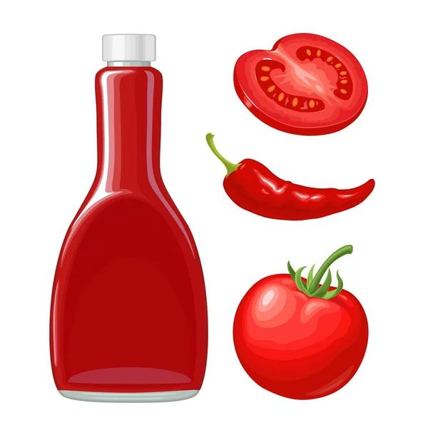 Bottiglia di ketchup, peperoncino, pomodori interi e a fette. Illustrazione piatta vettoriale — Vettoriale Stock