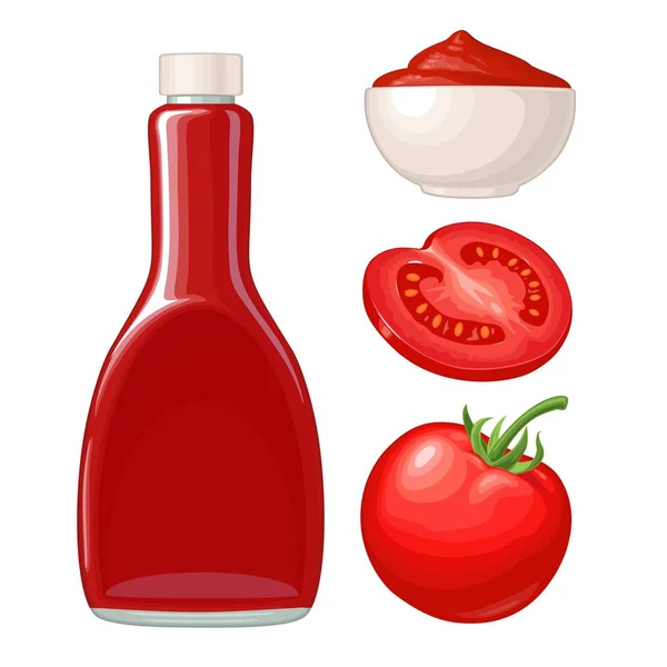 Bottiglia di ketchup, salsa di pomodoro in un piatto, pomodoro. Vettore piatto — Vettoriale Stock