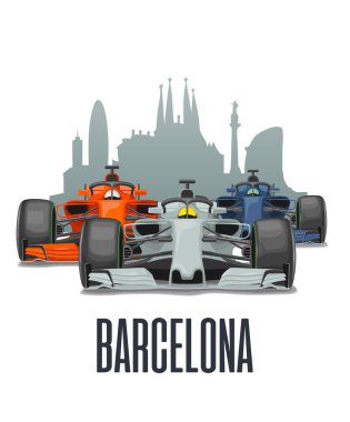 Grand Prix Barcelona cityline, İspanya. Üç yarış araba. Vektör düz