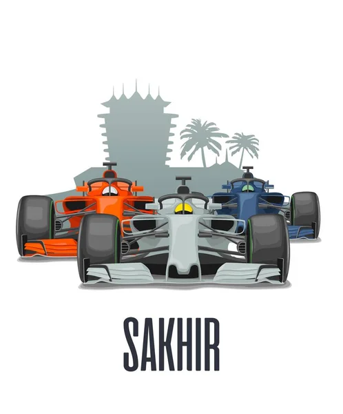 Cityline Sakhir e três carros de corrida no Grand Prix Bahrain. Vector plano —  Vetores de Stock