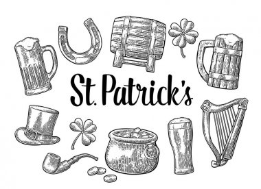 Saint Patrick Day. şapka, Pot paralar, boru, bira, lir, at nalı