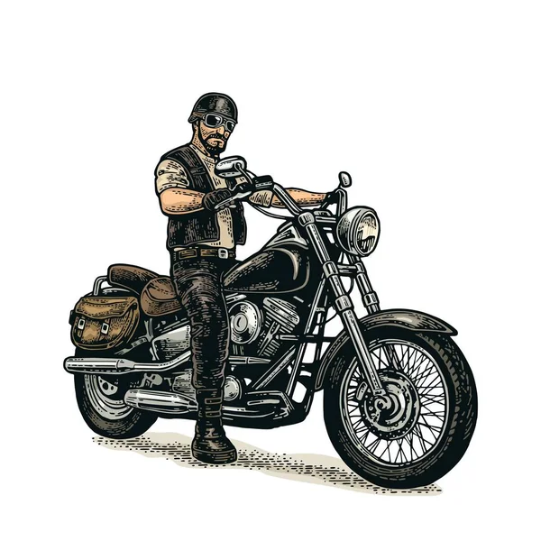 Motociclista a andar de moto. Ilustração gravada em vetor — Vetor de Stock