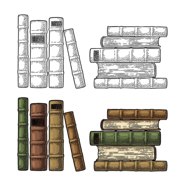 Pile de vieux livres debout isolés sur fond blanc. Gravure vectorielle — Image vectorielle