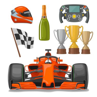 Yarış düz Icons set. Kask, şampanya, Kupası, bayrak