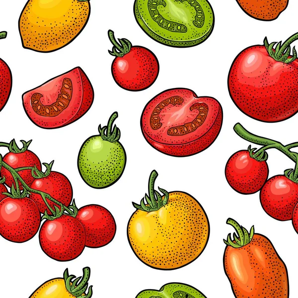 Patrón sin costura con mitad de tomate, rebanada y rama . — Vector de stock